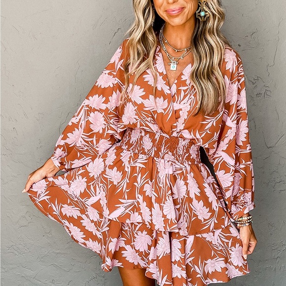 Brown Floral Puff Sleeve Smocked Waist Layered Dress Bohemian MIDI - Picture 2 of 13